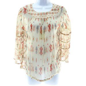Lucky Brand NWT Women's Aztec Sheer Top W/ 3/4 Bell Sleeve XS Cream Red Blue